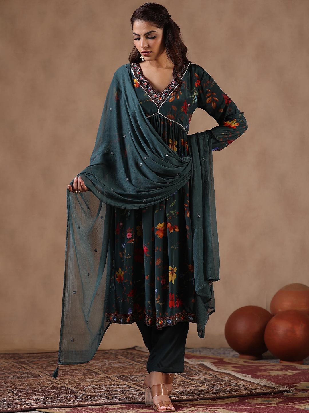 

SCAKHI Floral Printed Empire Beads and Stones Silk Crepe Kurta with Trousers & Dupatta, Teal