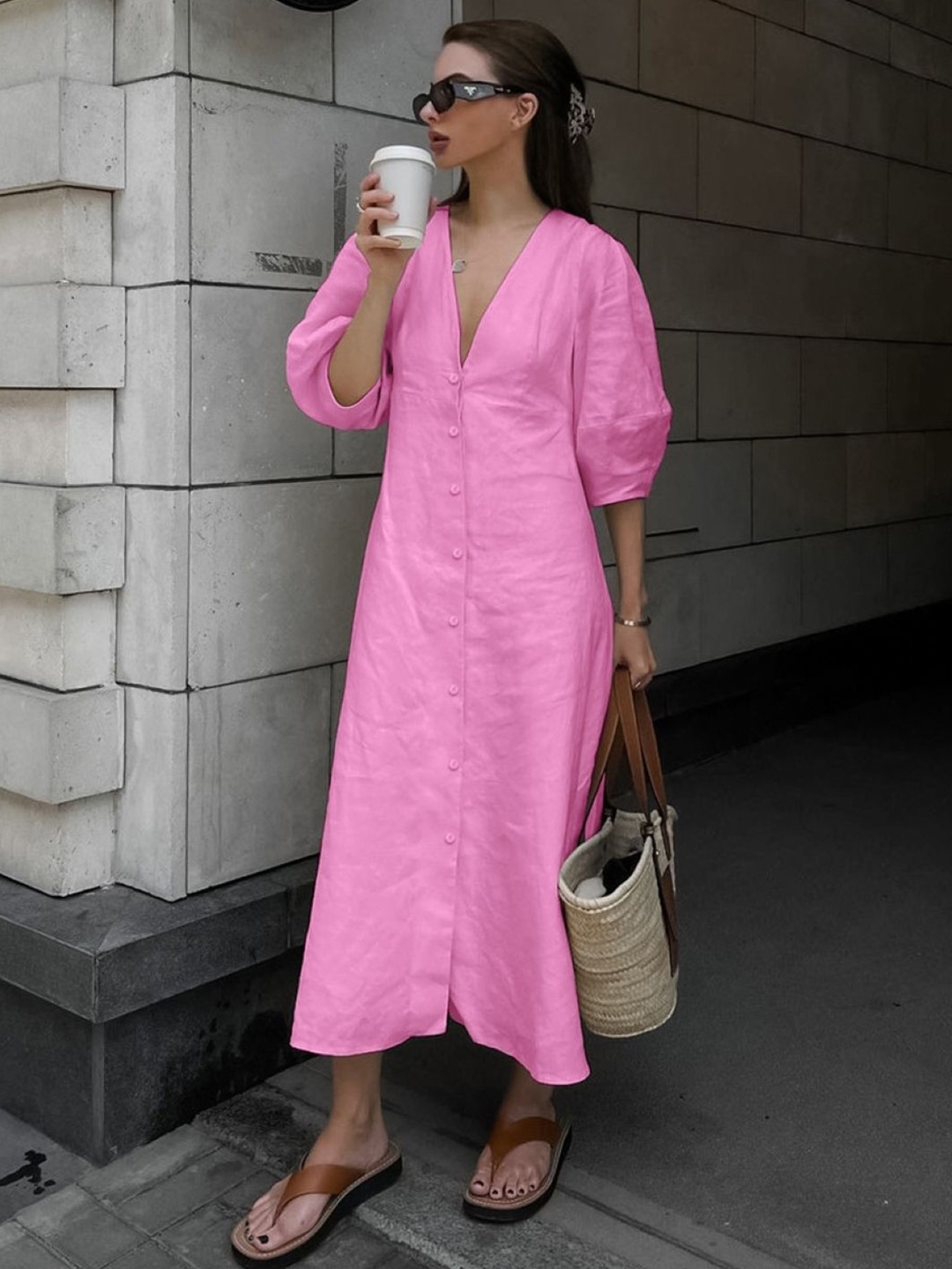 

KPOP Puff Sleeve A-Line Midi Dress, Pink