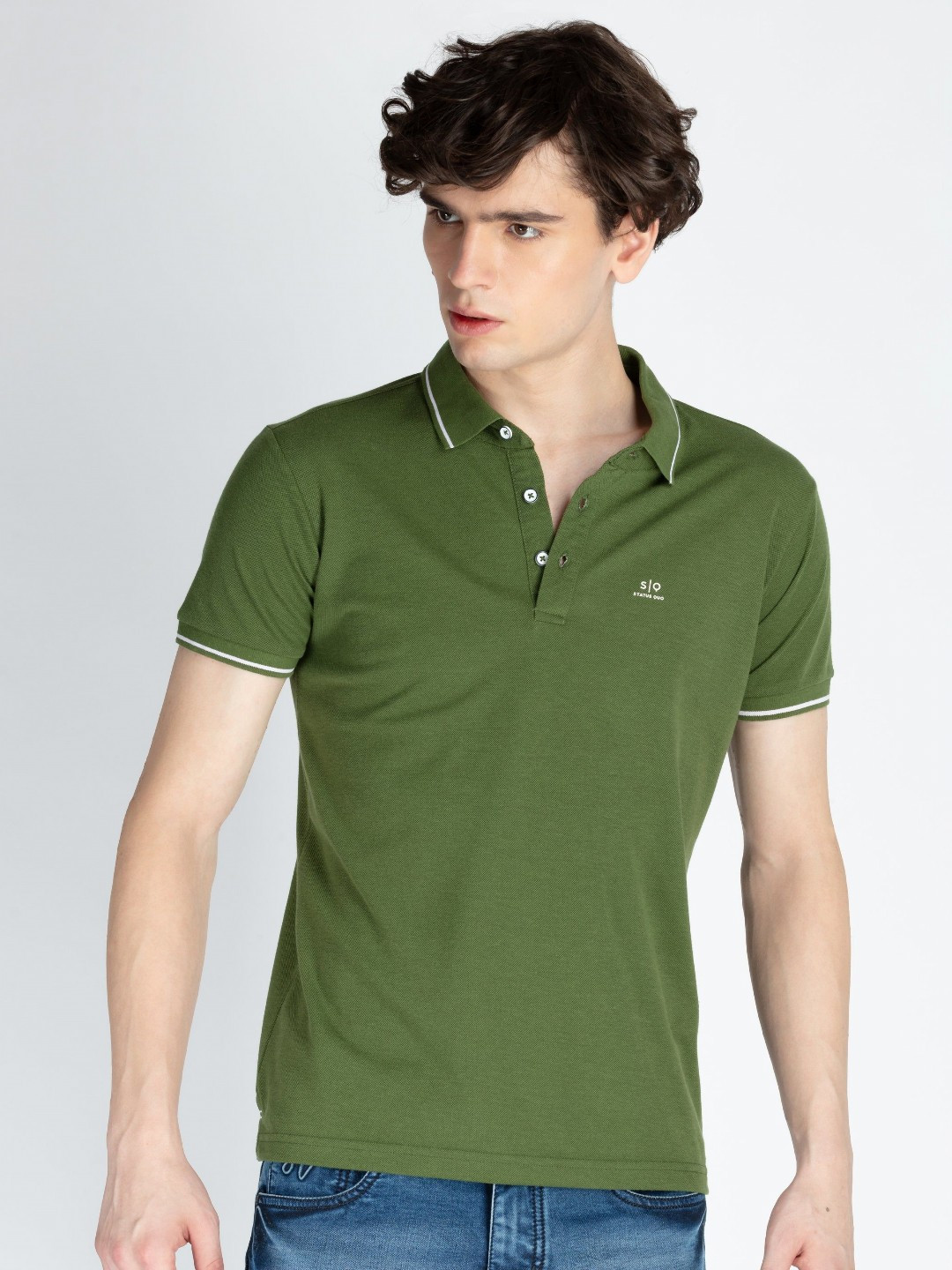 

Status Quo Men Solid Polo Collar Cotton Slim Fit T-shirt, Olive