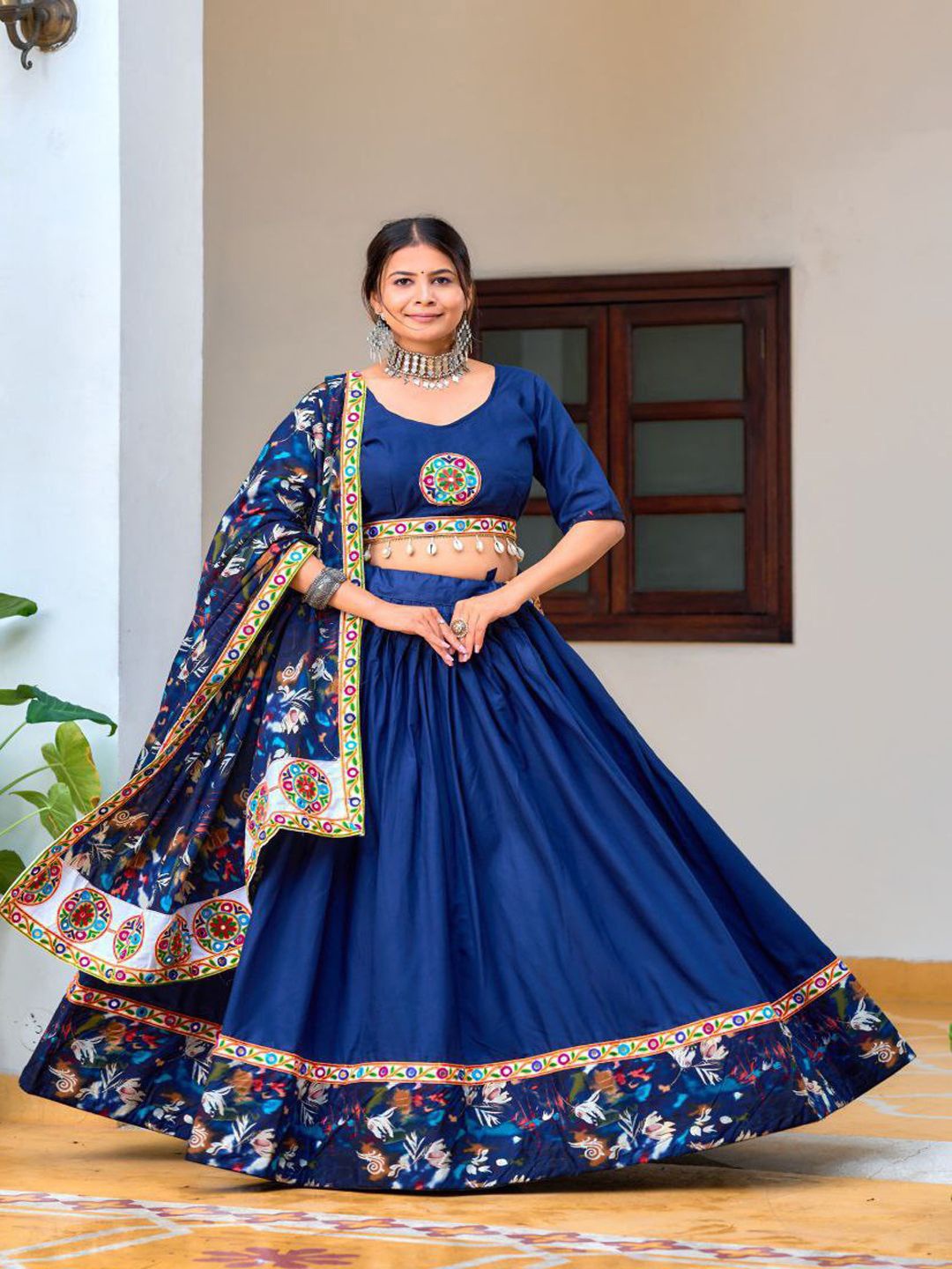 

ZIBLON Embroidered Patchwork Ready to Wear Lehenga & Blouse With Dupatta, Blue