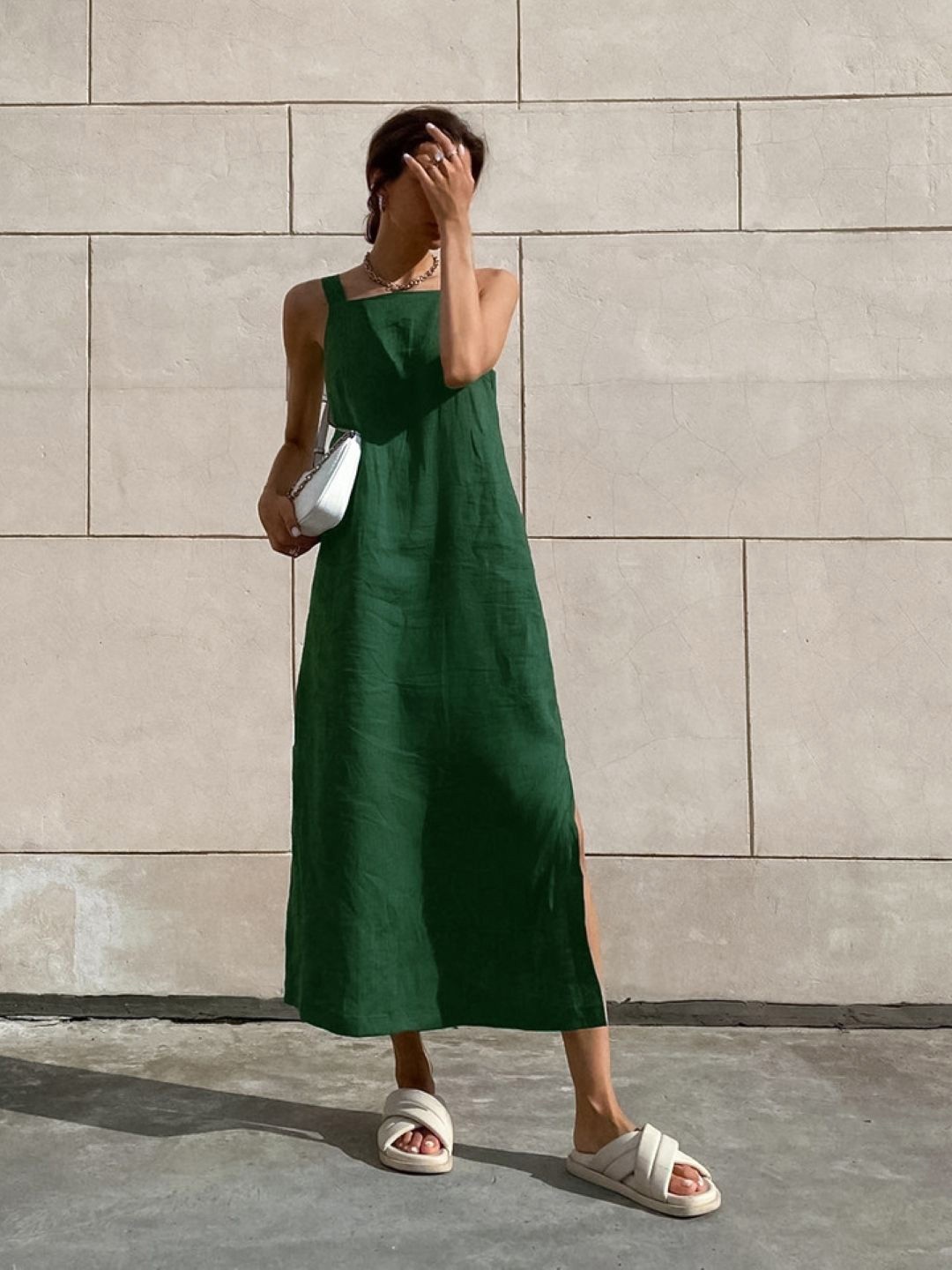 

KPOP Women Solid A-Line Midi Dress, Green