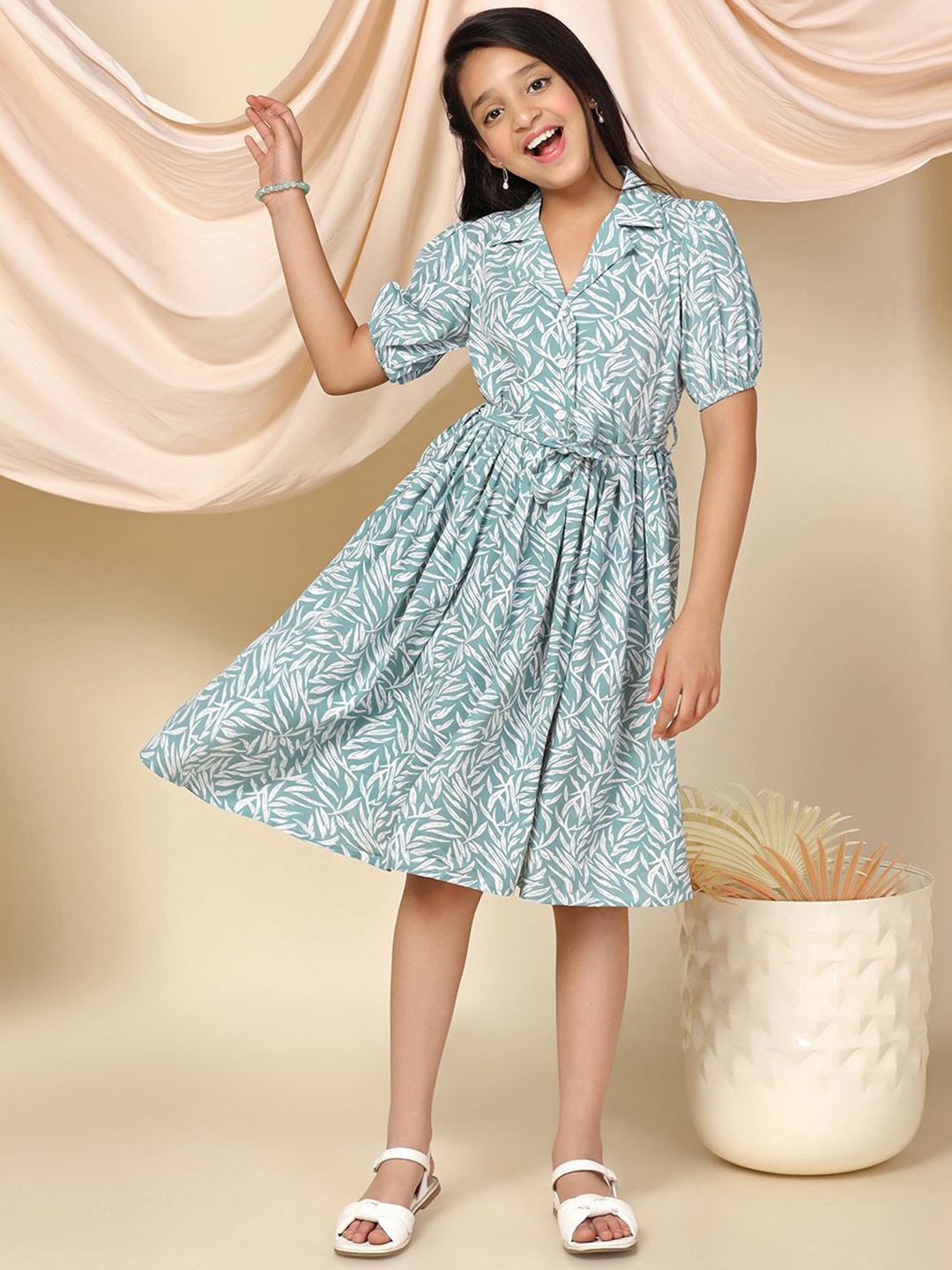 

BAESD Girls Printed Puff Sleeve Fit & Flare Dress, Blue