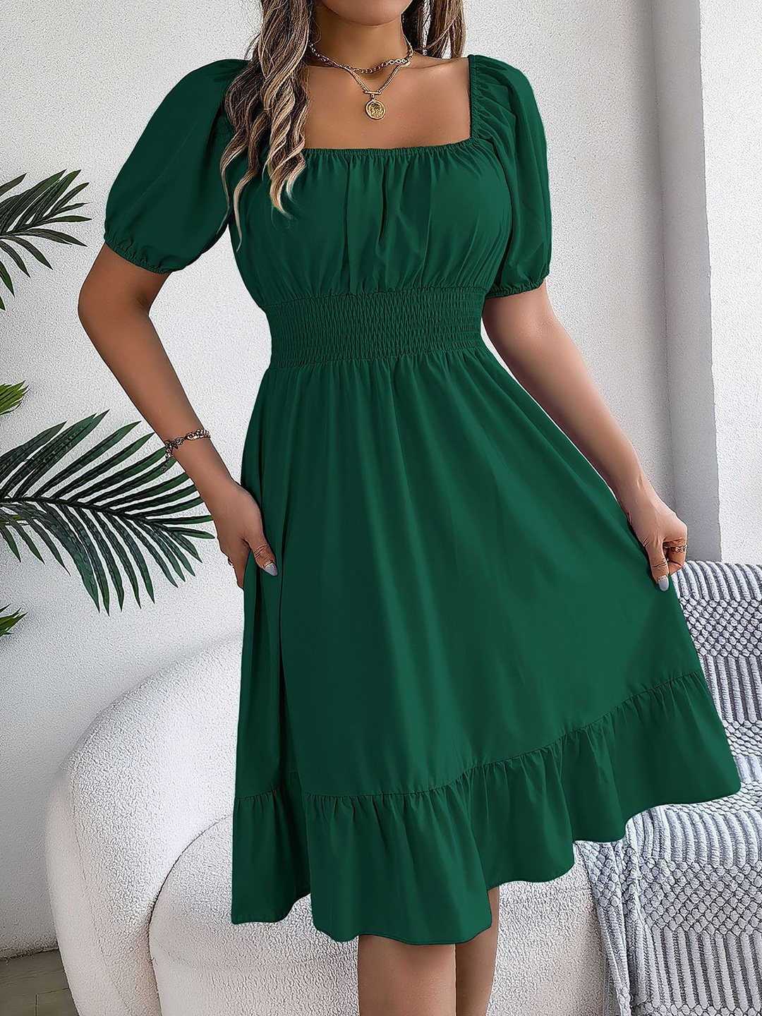 

HERE&NOW Puff Sleeve Fit & Flare Dress, Green