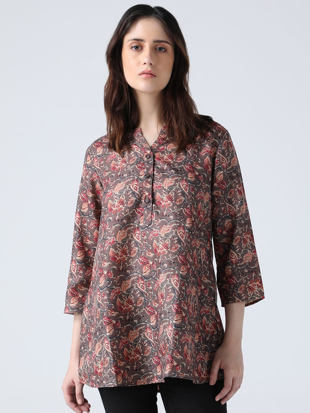

IDK Women Floral Printed Round Neck Cotton Top, Brown