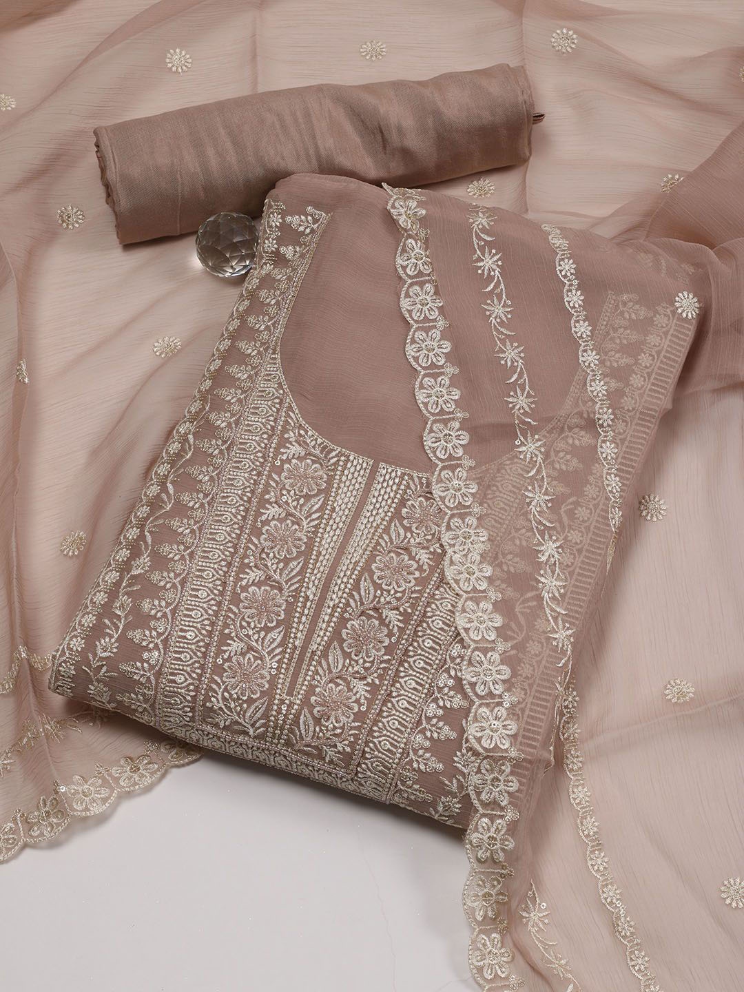 

Meena Bazaar Embroidered Unstitched Dress Material, Brown