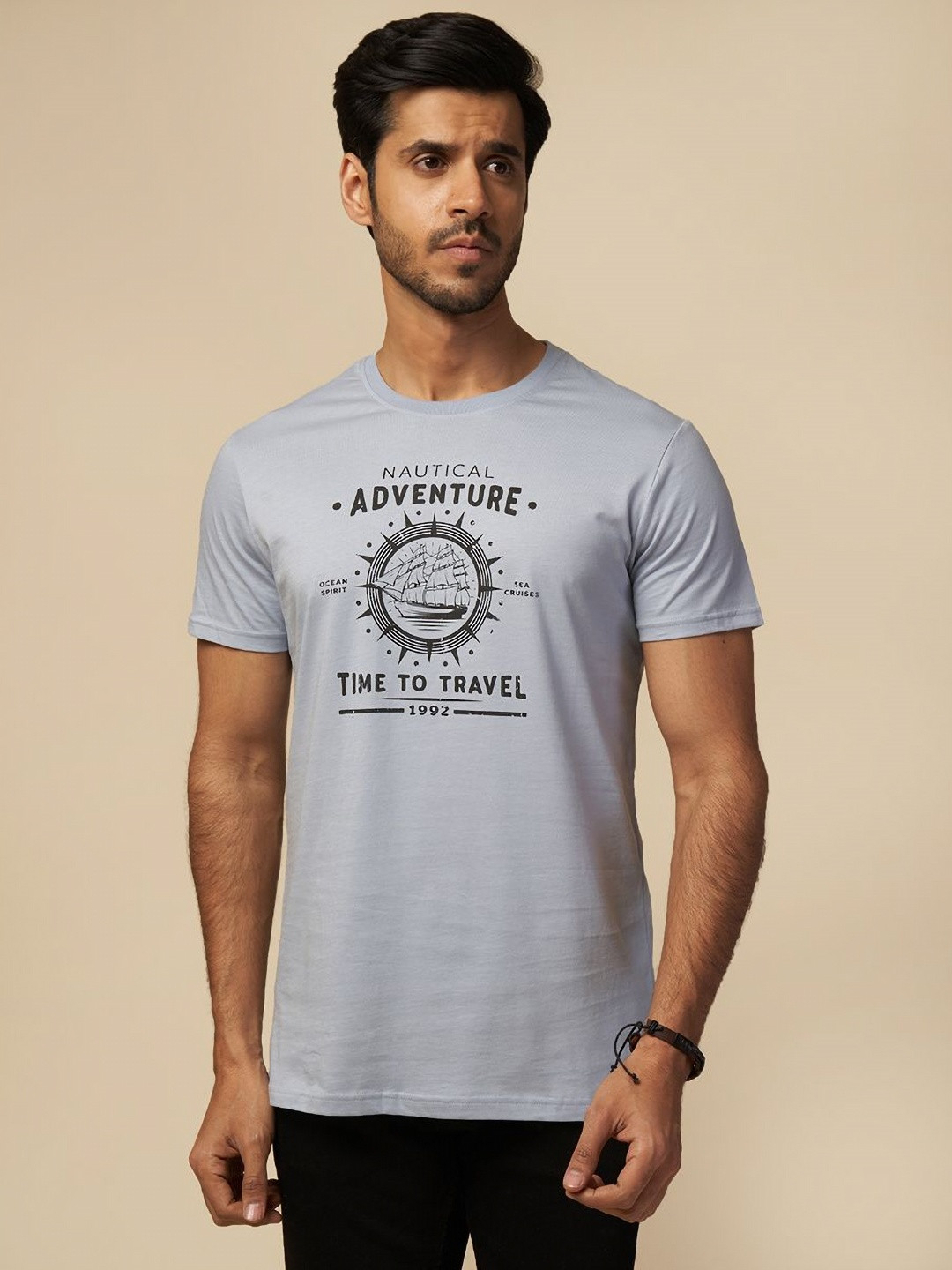 

ONE SKY Men Typography Printed Round Neck Cotton T-shirt, Blue