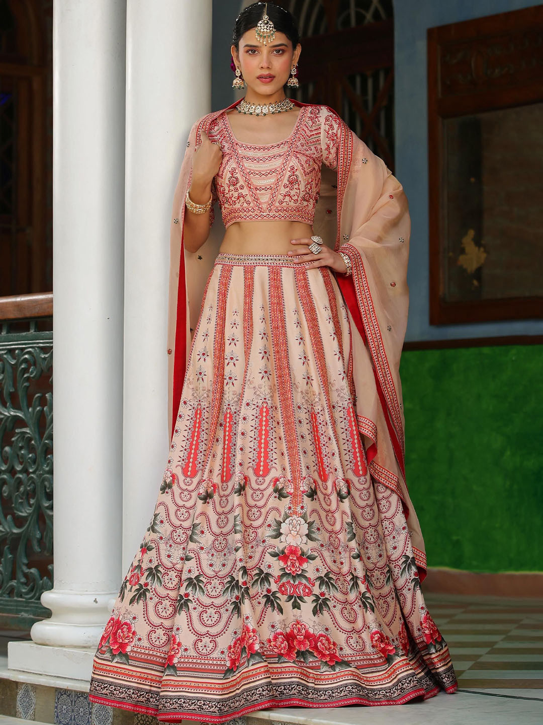 

SCAKHI Floral Printed Sequinned Raw Silk Ready to Wear Lehenga & Blouse With Dupatta, Beige