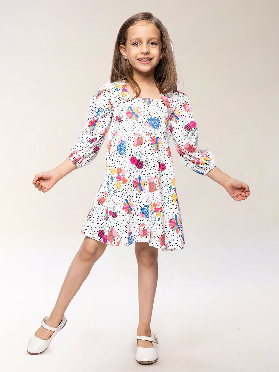 

BAESD Girls Floral Printed Round Neck A-Line Dress, White