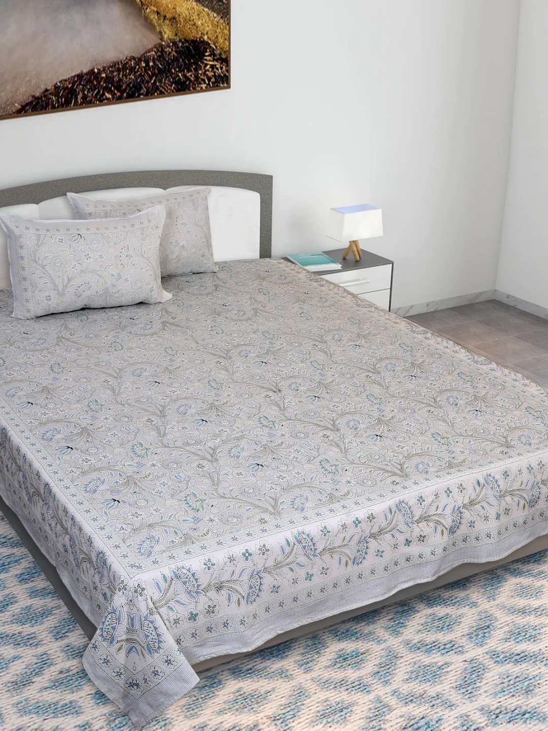 

Texstylers Grey Kantha Printed 210 TC Cotton Queen Bedsheet With 2 Pillow Covers