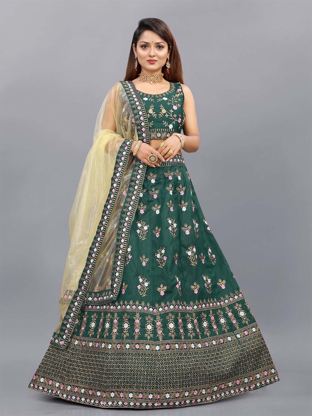 

Aika Embroidered Thread Work Semi-Stitched Lehenga & Unstitched Blouse With Dupatta, Green