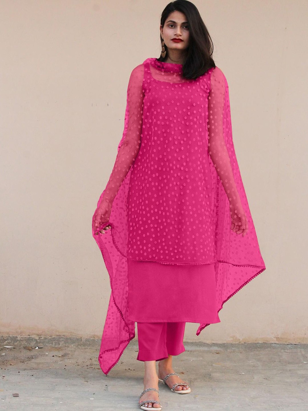 

Aika Round Neck Regular Cotton Silk Straight Kurta with Trousers & Dupatta, Pink