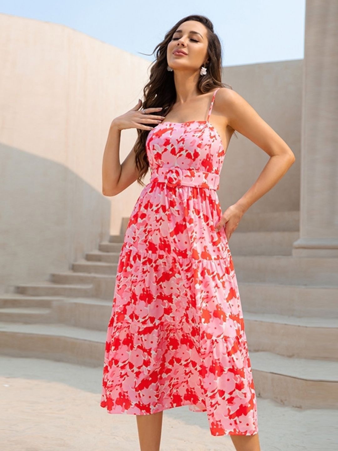 

KPOP Women Floral Print Fit and Flare Midi Dress, Pink