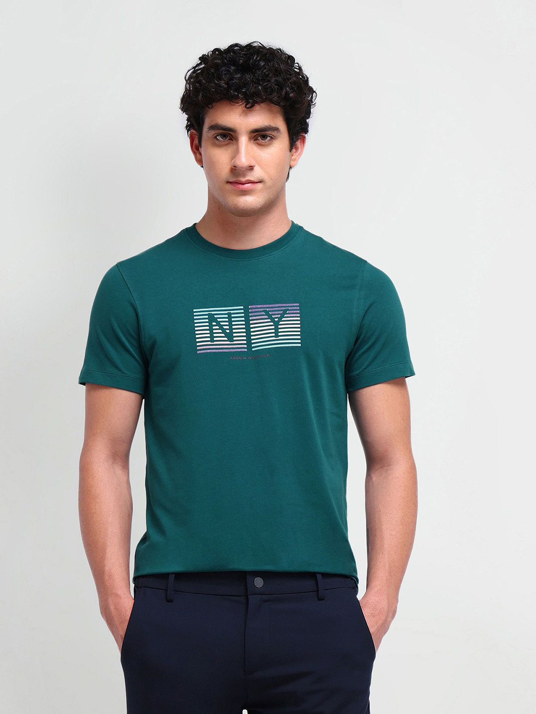 

Arrow New York Men Typography Printed Round Neck Cotton T-shirt, Teal