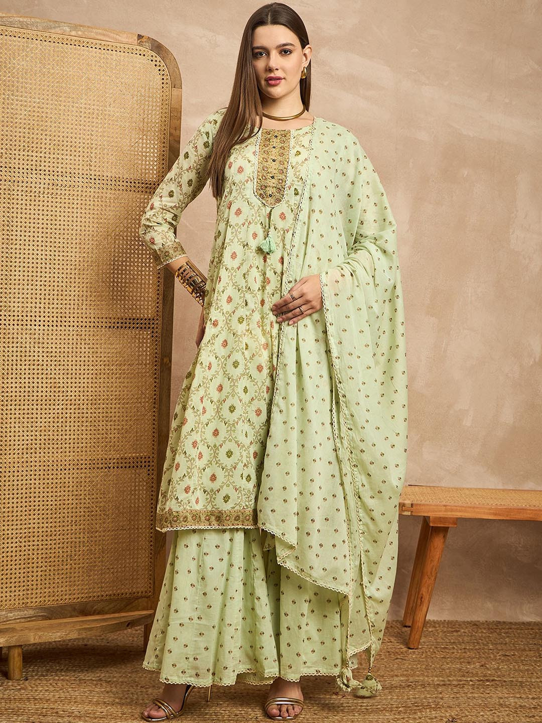 

all about you Sea Green Ethnic Motifs Printed Round Neck A-Line Kurta & Sharara & Dupatta