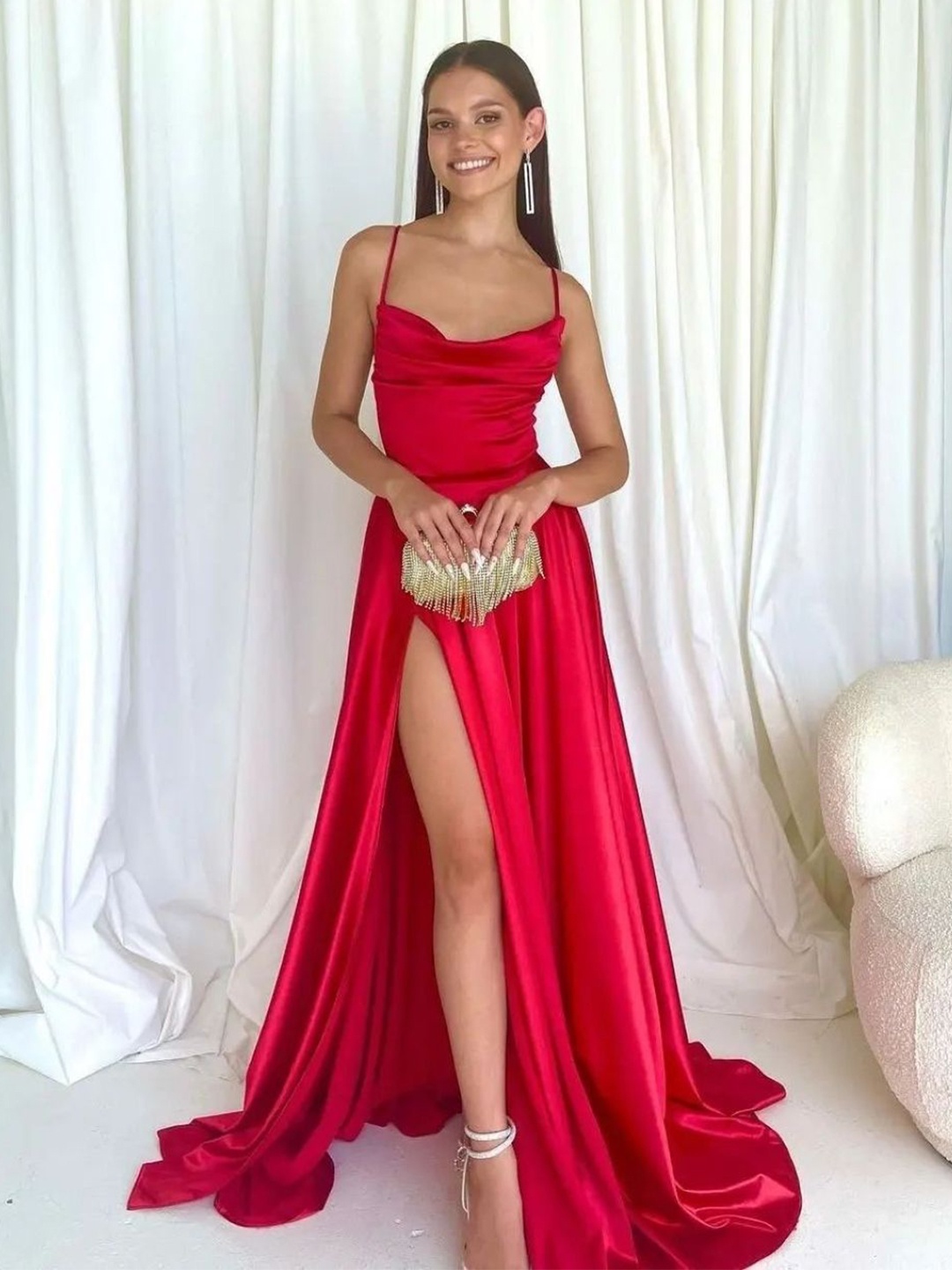 

KPOP Women Solid Shoulder Straps Maxi Dress, Red