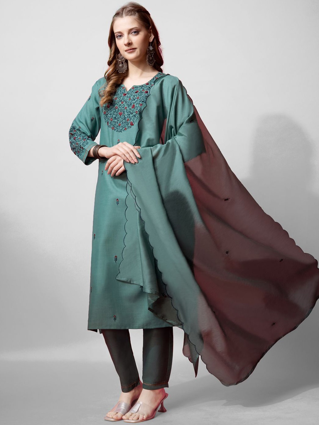 

KAYOMMI Floral Embroidered Straight Kurta with Trousers & Dupatta, Teal