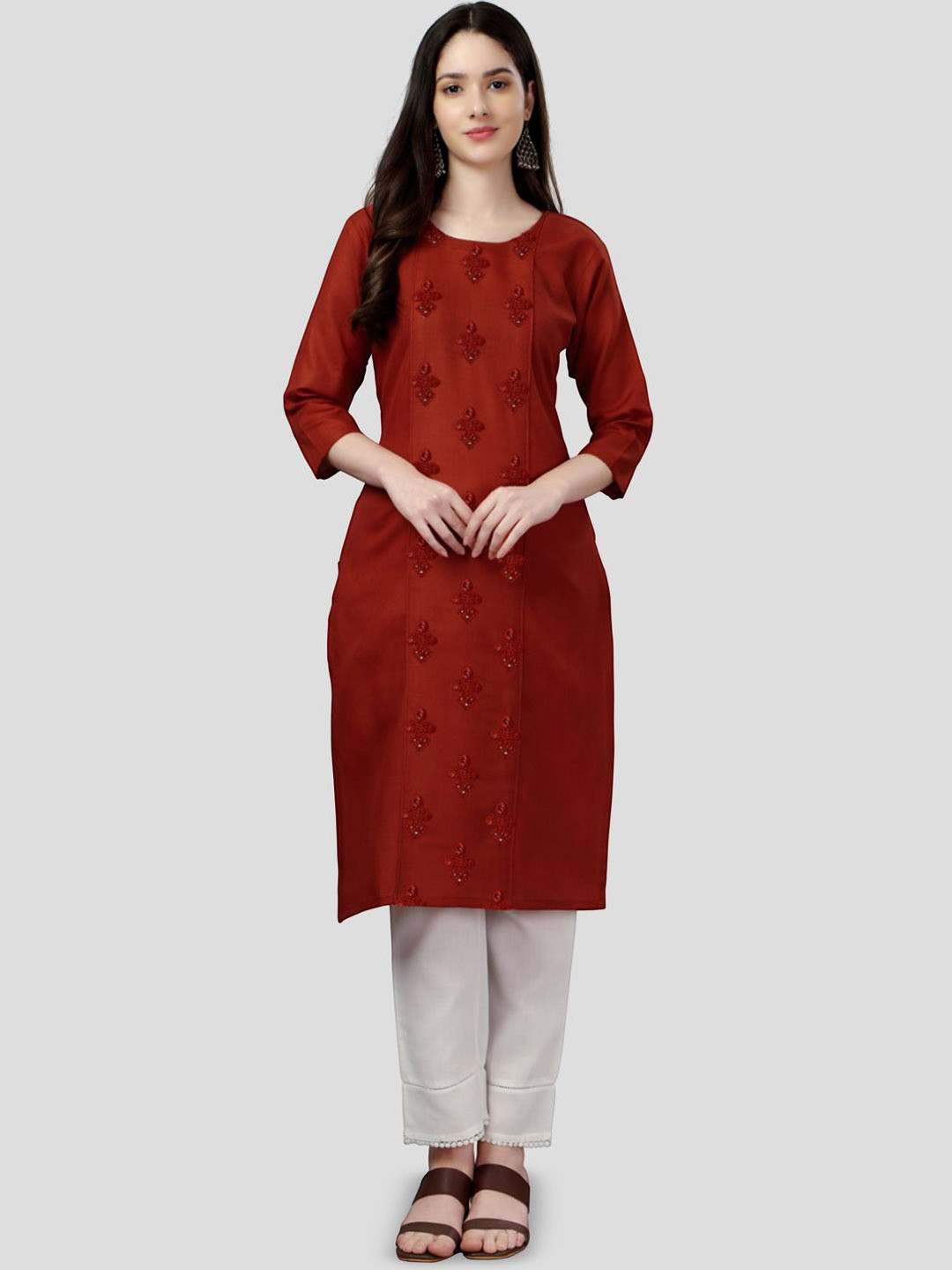 

KAYOMMI Floral Embroidered Mirror Work Cotton Straight Kurta, Orange