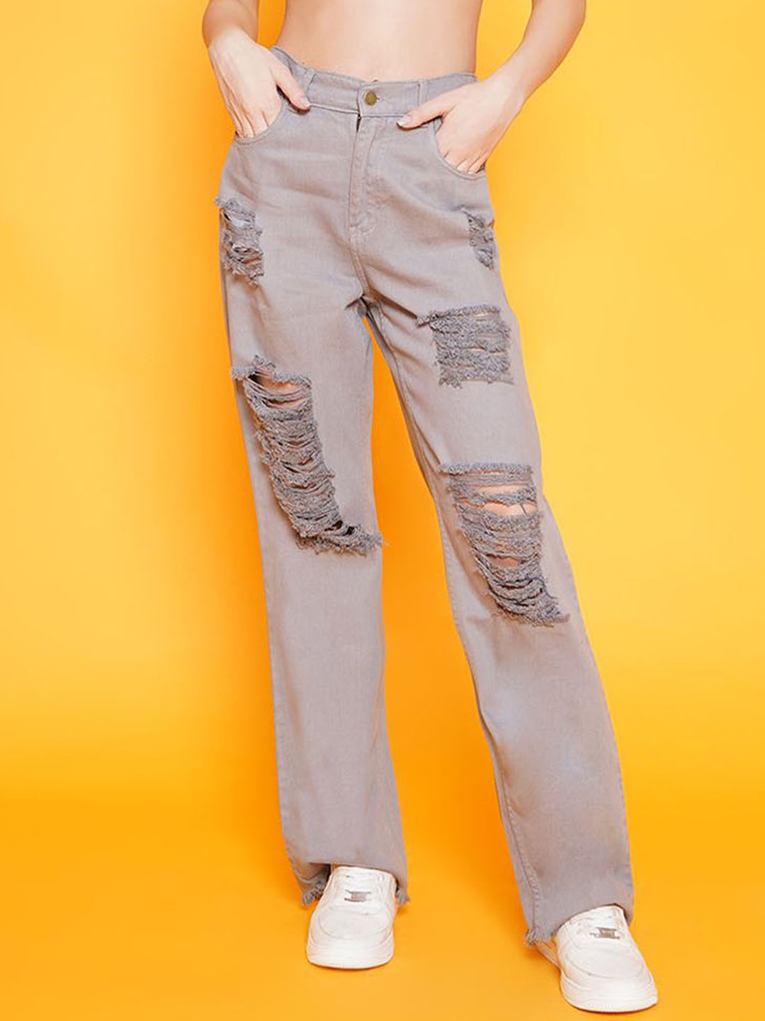 

BAESD Women Straight Fit Mildly Distressed Mid-Rise Jeans, Grey