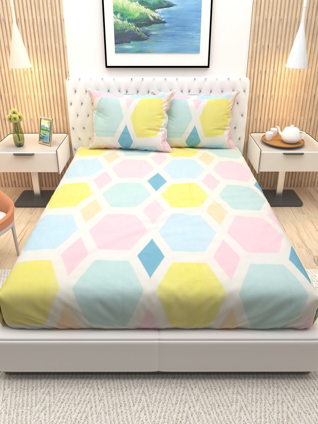 

Aura White & Pink Geometric Printed Cotton 180 TC Queen Bedsheet with 2 Pillow Covers
