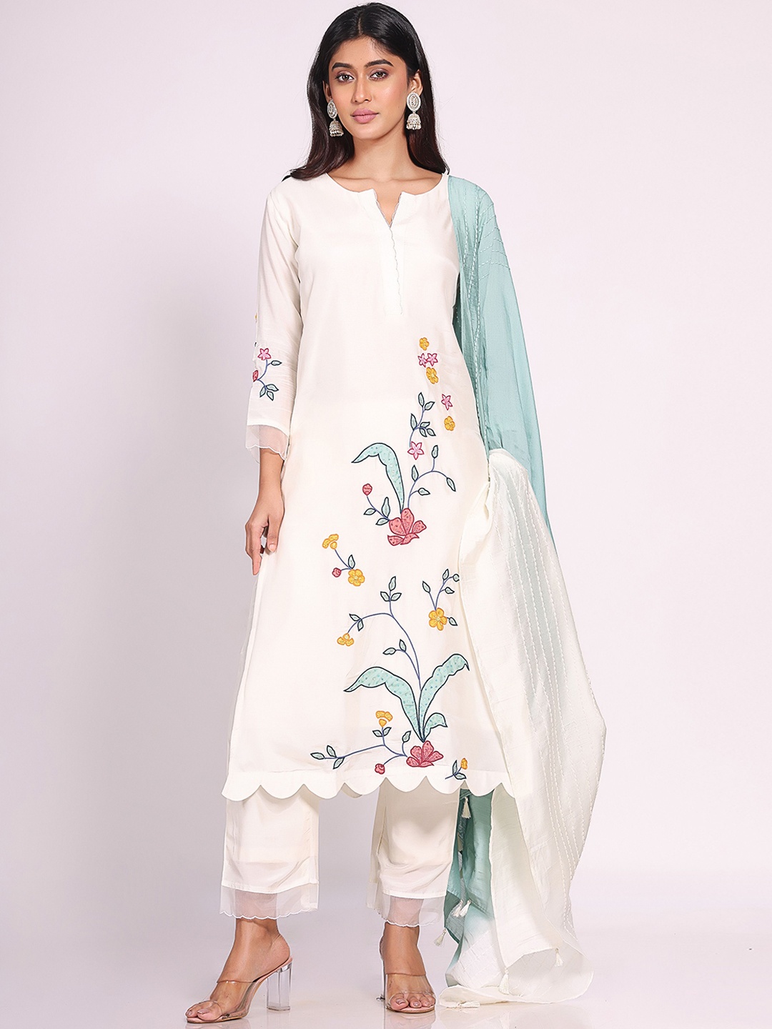 

ORAT Ethnic Motifs Embroidered Beads and Stones Pure Cotton Kurta With Trousers & Dupatta, White