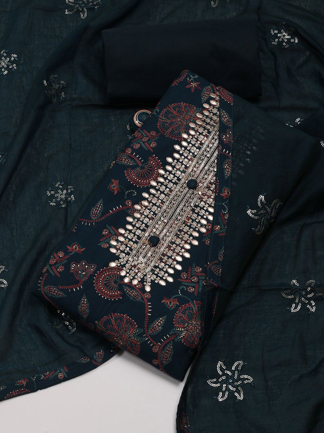 

Meena Bazaar Ethnic Motifs Printed Sequinned Unstitched Dress Material, Teal
