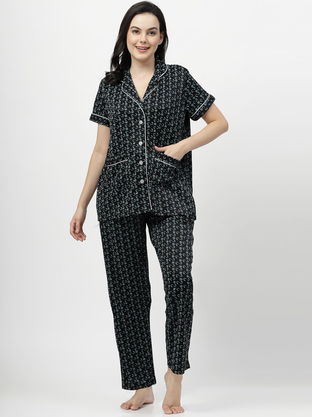 

SHYAM SONS FLAIR Women Geometric Printed Lapel Collar Night suit, Green