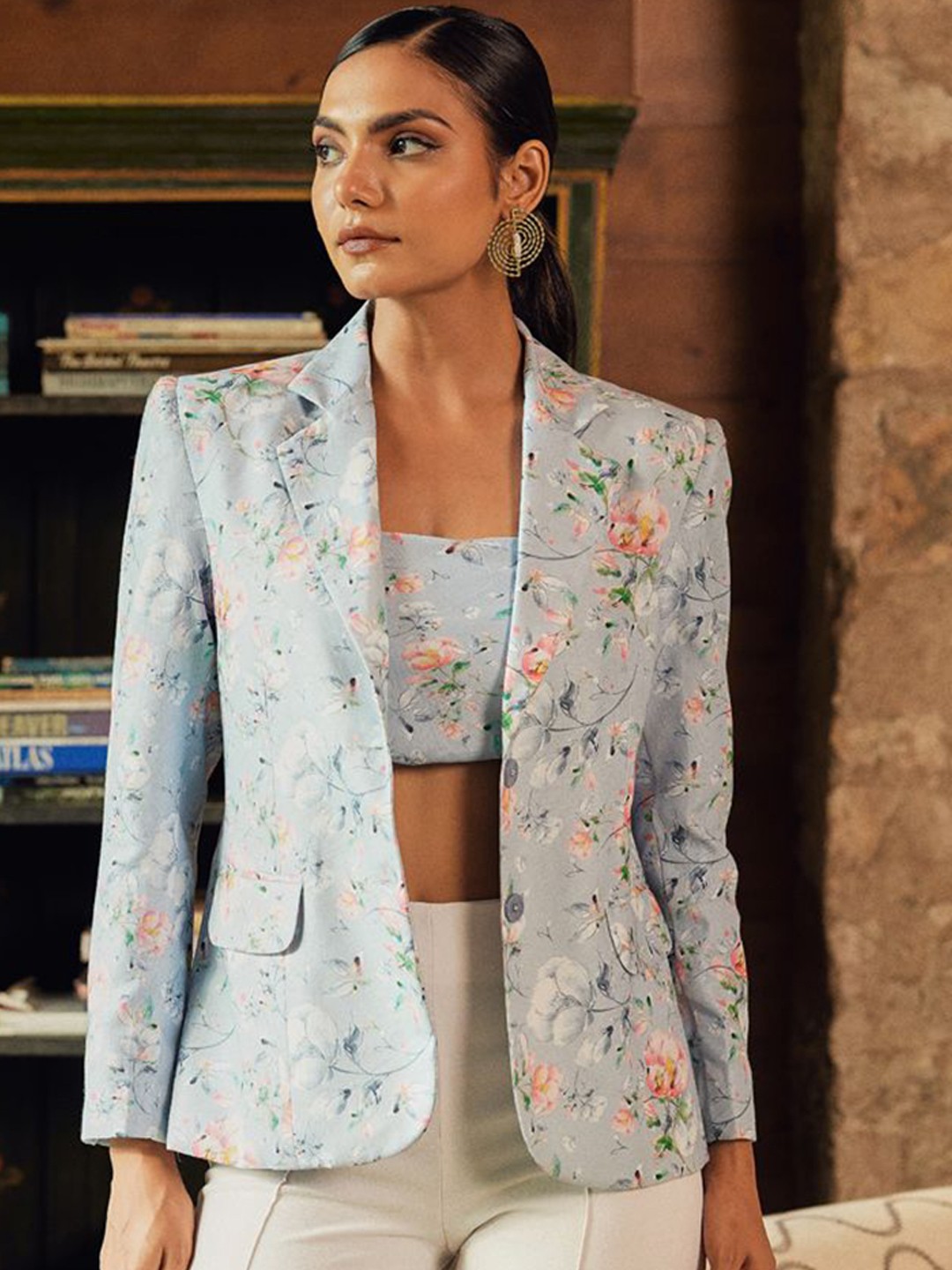 

KIZI Floral Printed Notched Lapel Cotton Single-Breasted Blazer, Grey
