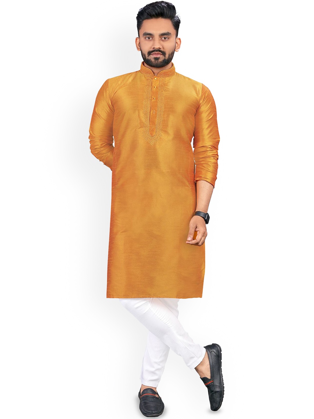 

CHARLOTTE GRACIOUS Mandarin Collar Thread Work Cotton Silk Straight Kurta, Mustard