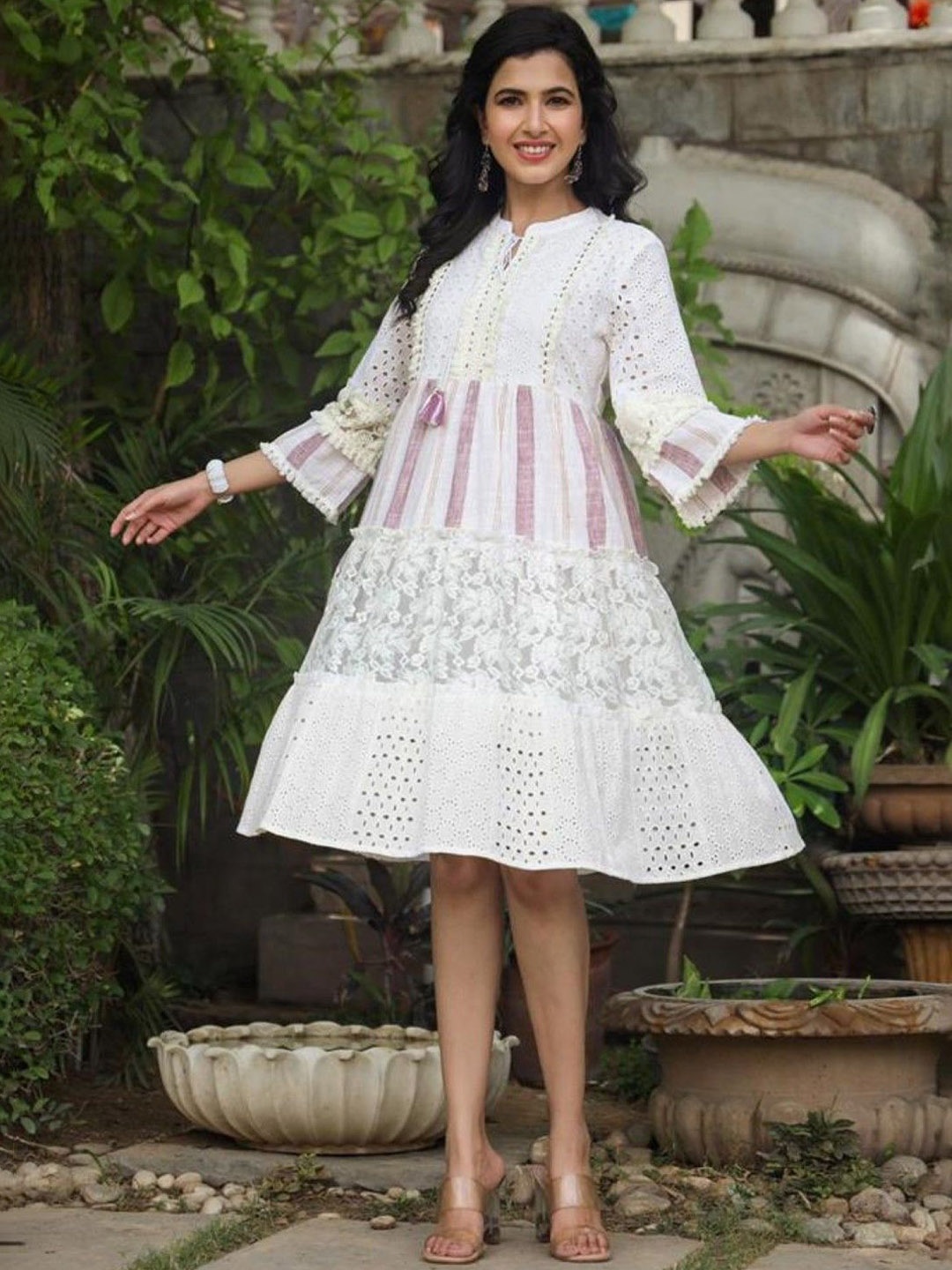 

AUTUMN LANE Women Self-Design Knee-Length Cotton Ethnic Dress, White