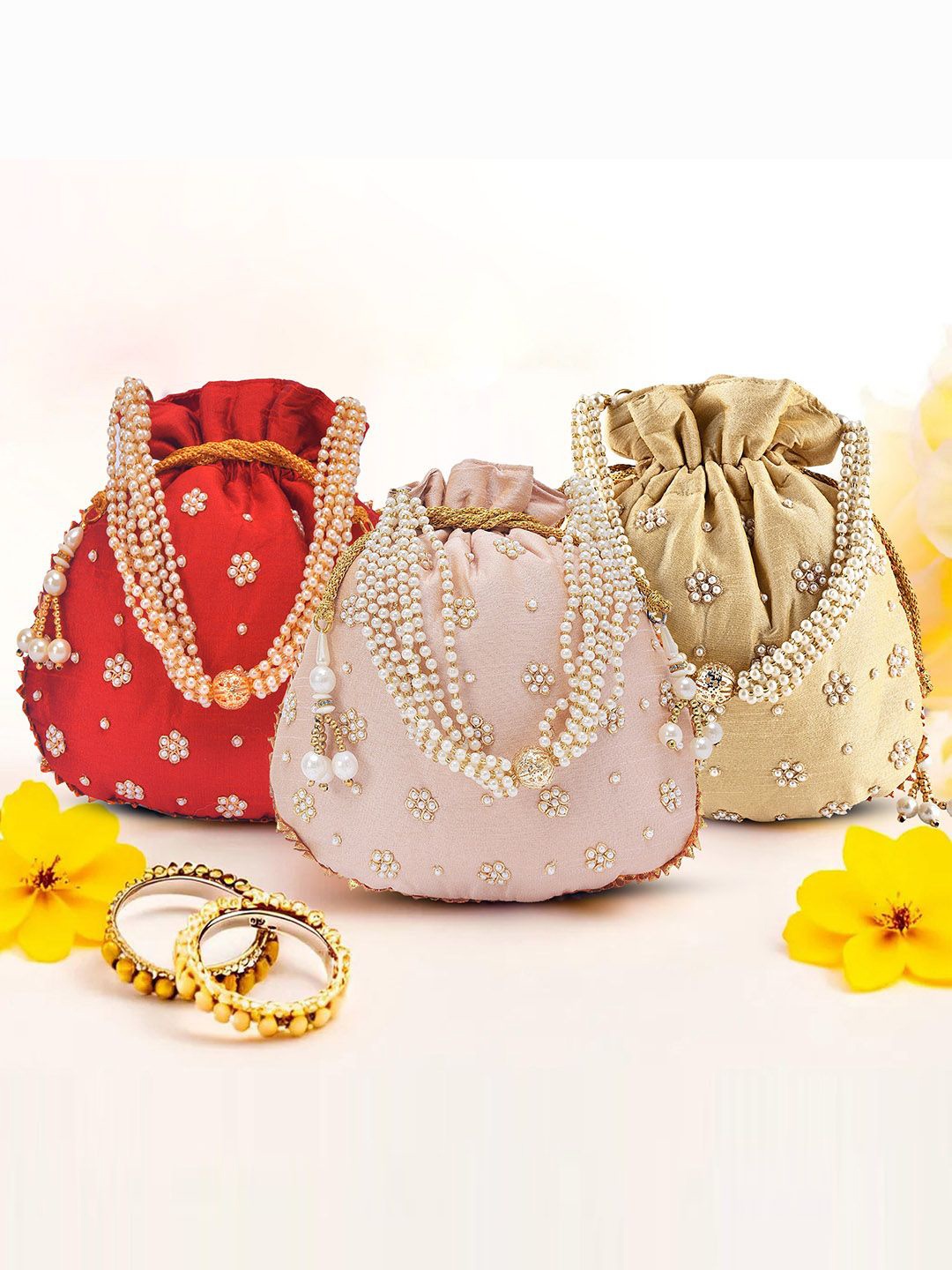 

Kuber Industries Set of 3 Embroidered Potli Clutch, Pink