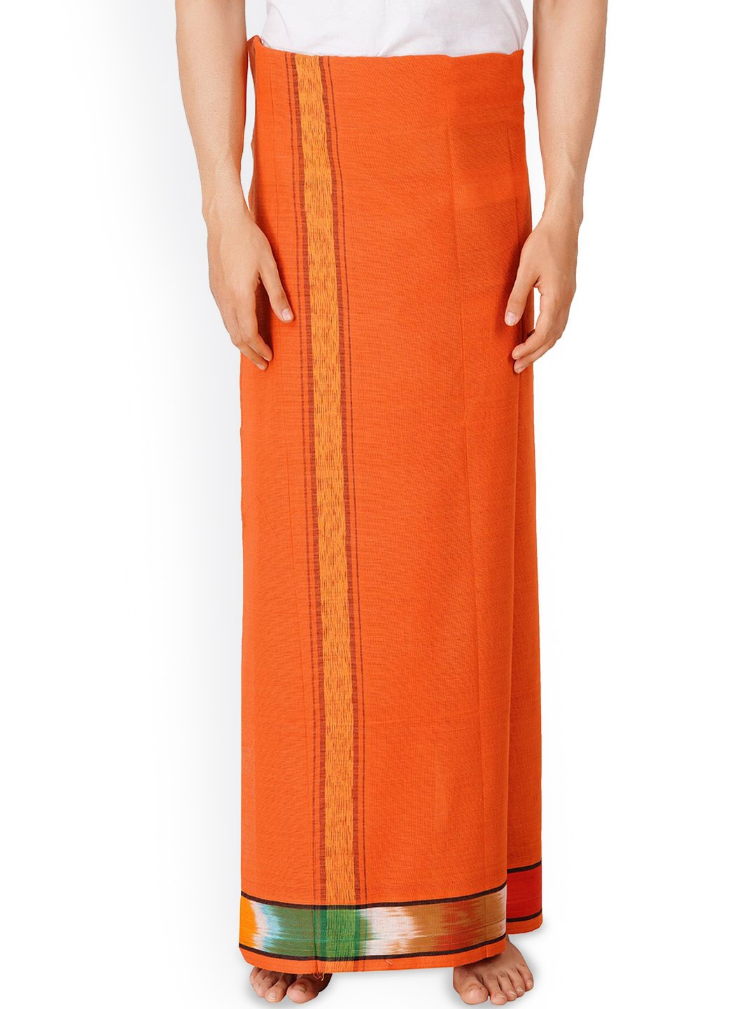 

ETHAZH Men's Cotton Dhoti With Contrast Border, Orange