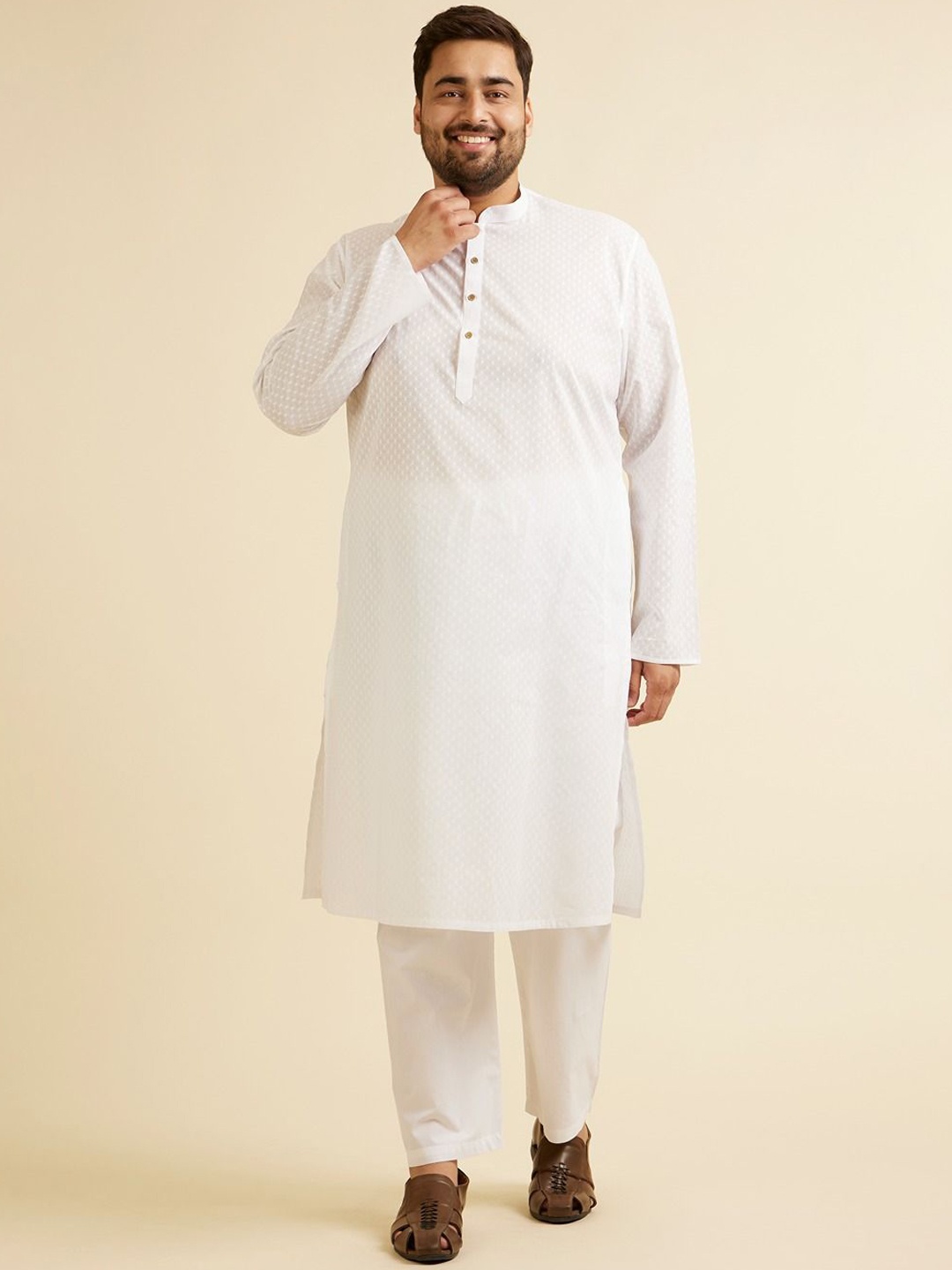 

Manyavar self design Mandarin Collar Straight Kurta with Churidar, White