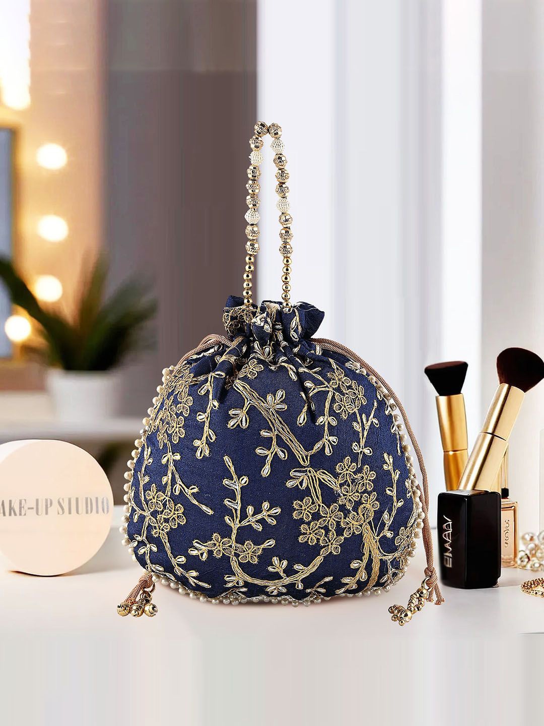 

Kuber Industries Embroidered Potli Bag, Navy blue