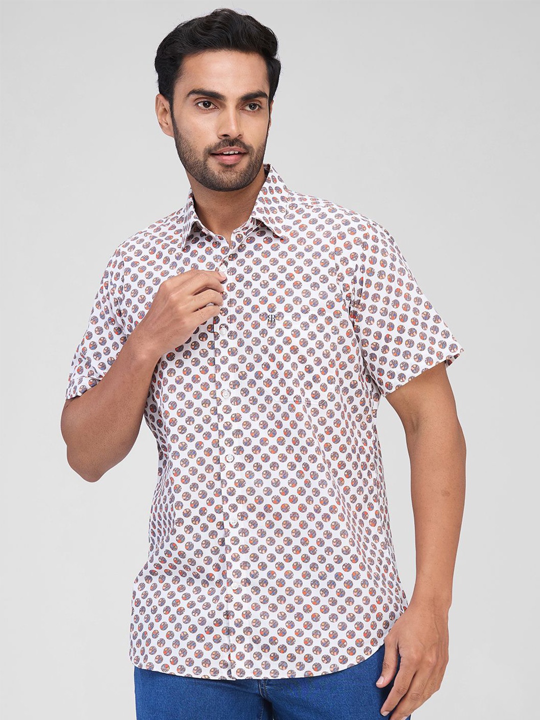 

Raymond Men Spread Collar Conversational Printed Cotton Casual Shirt, White
