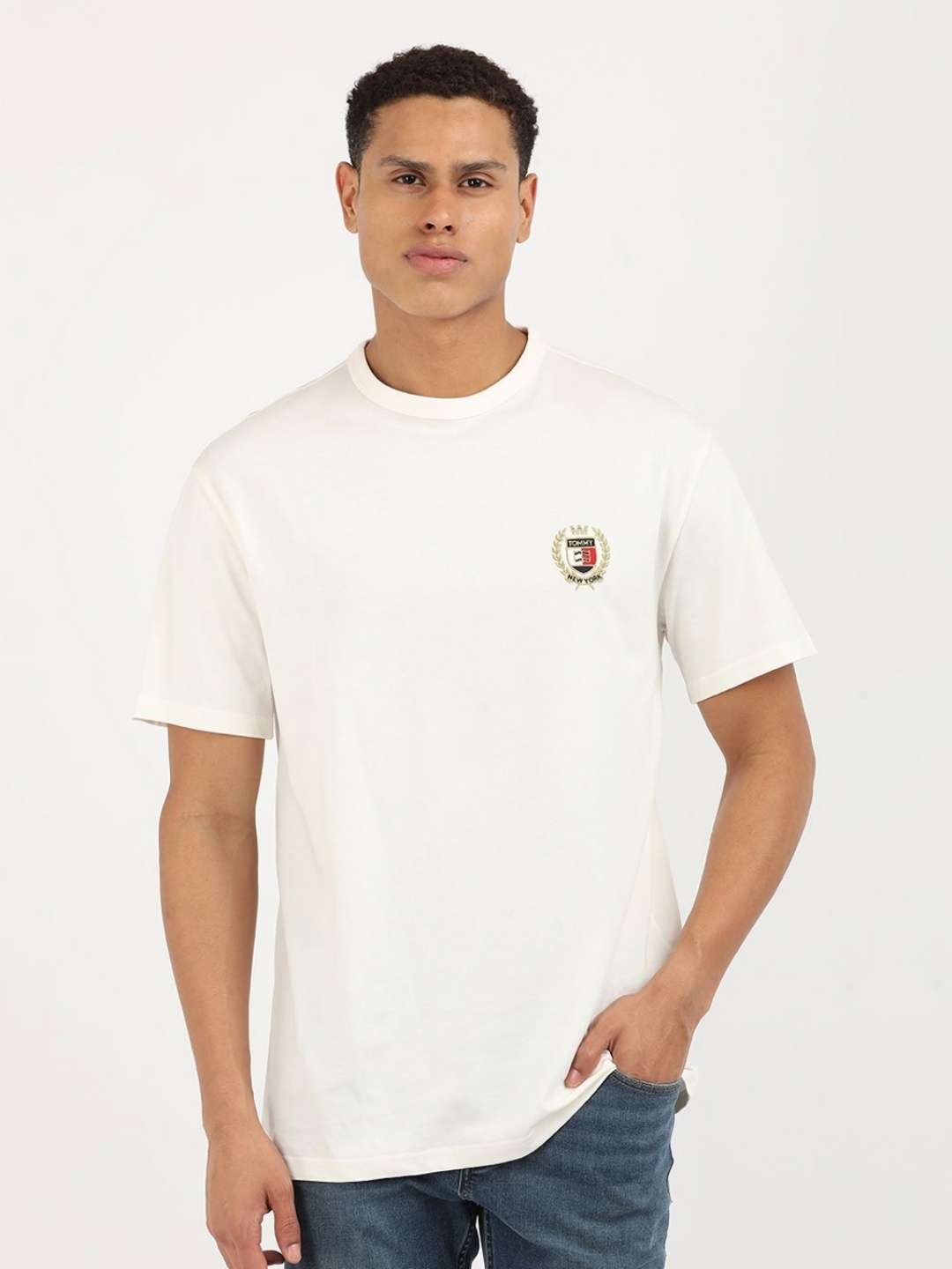 

Tommy Hilfiger Men Typography Printed Round Neck Cotton T-shirt, White