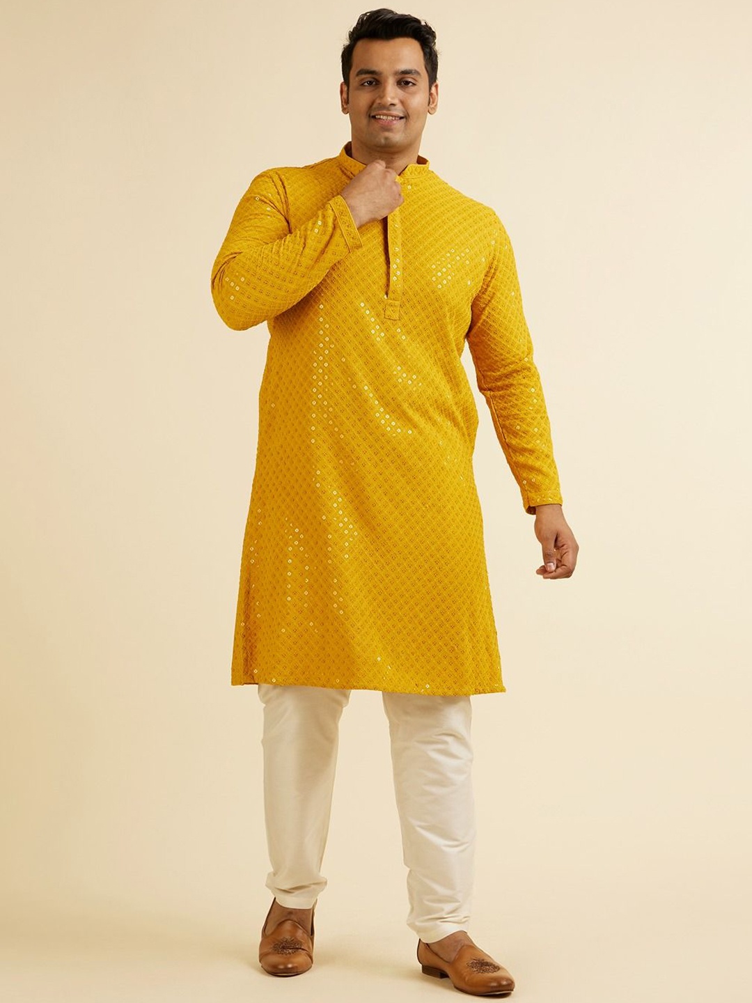 

Manyavar Plus Size Geometric Embroidered Sequinend Straight Kurta with Pyjamas, Mustard