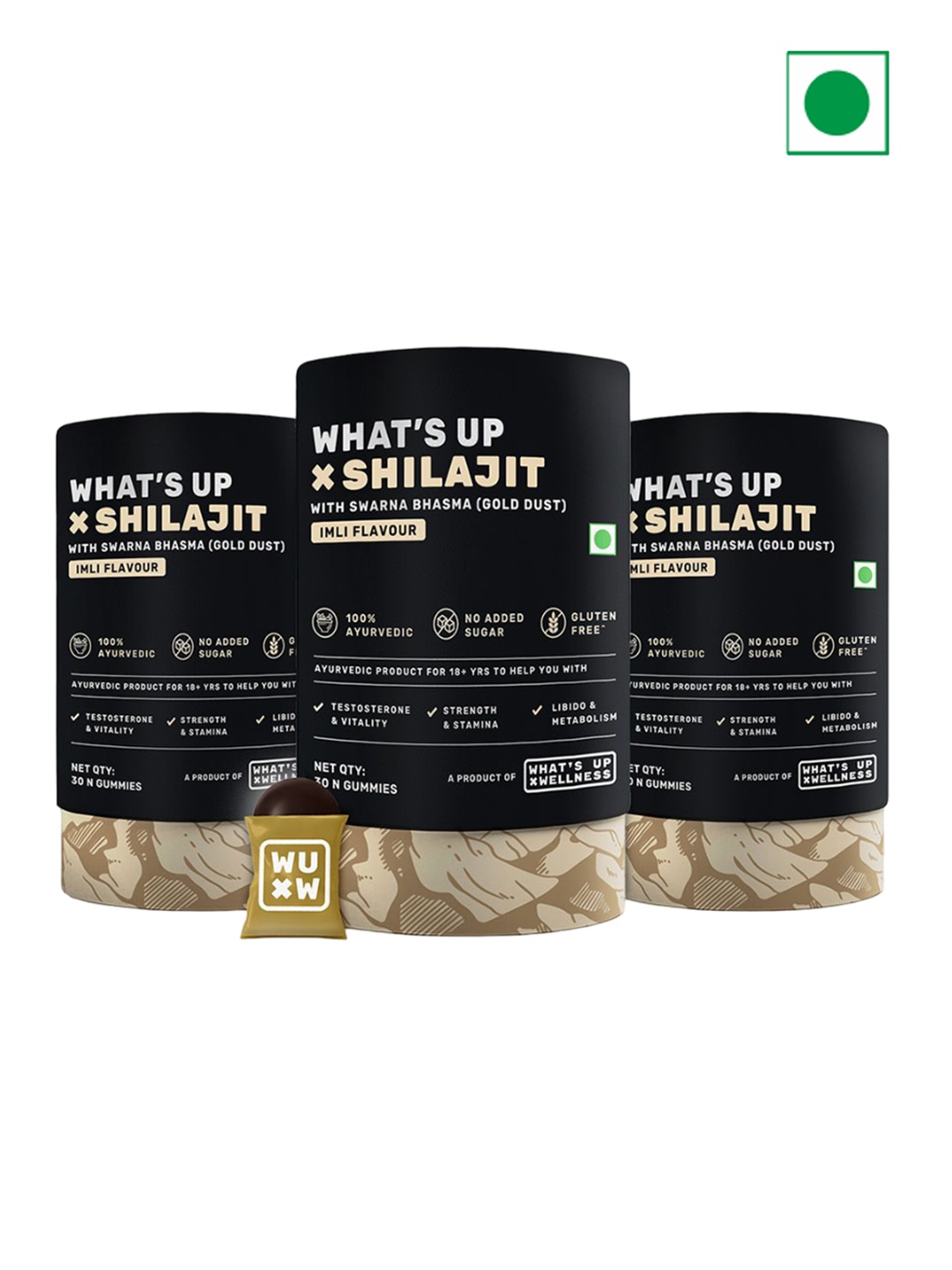 

What's Up Wellness Set Of 3 Shilajit Resin Gummies With 24KGold Dust Boost-30 Gummies Each, Black