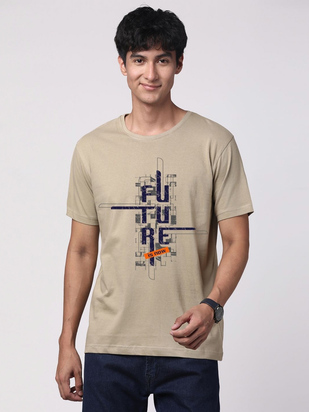 

ADRO Men Graphic Printed Round Neck Cotton T-shirt, Beige