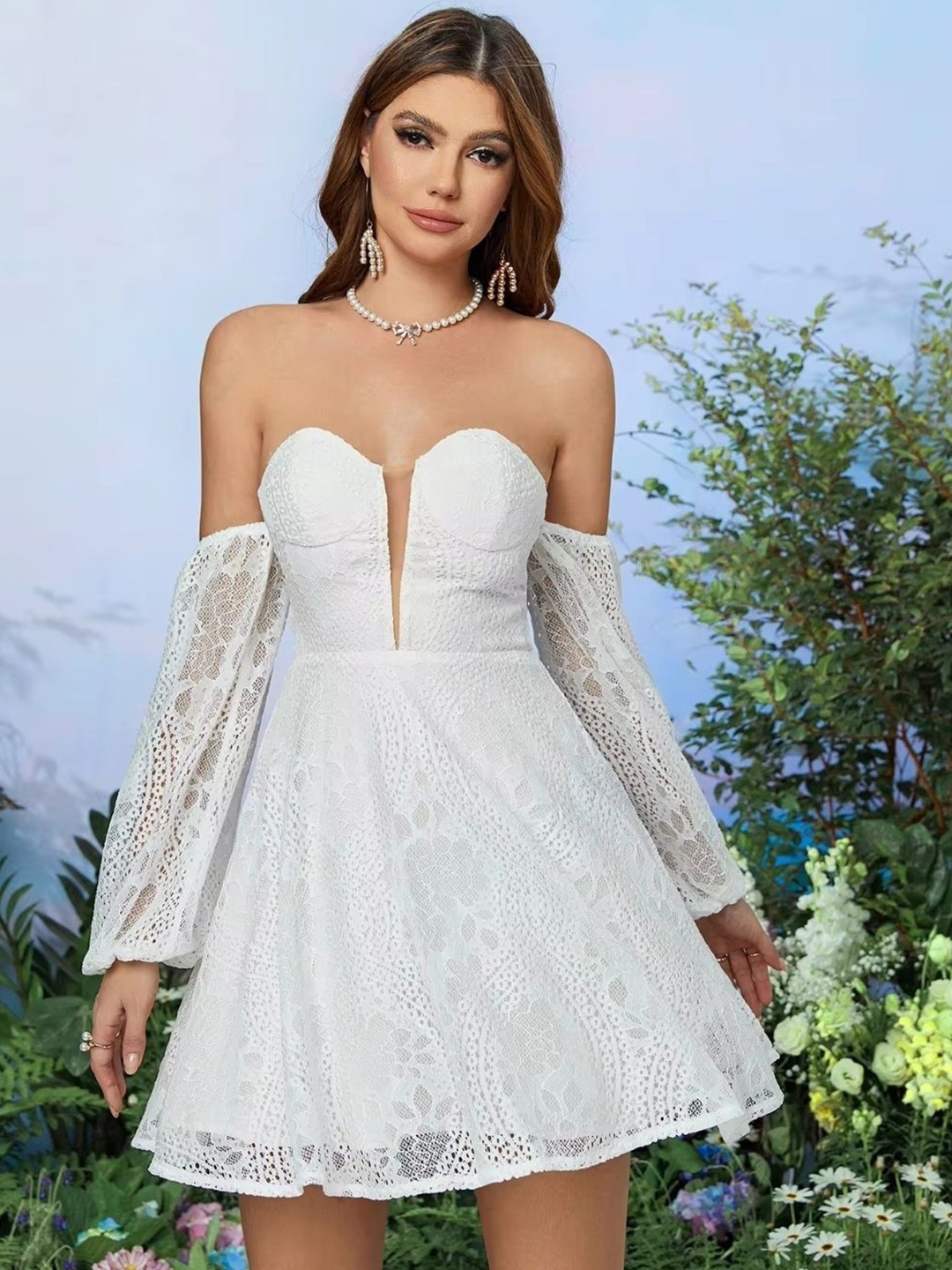 

KPOP Women Solid Puff Sleeve A-Line Mini Dress, White