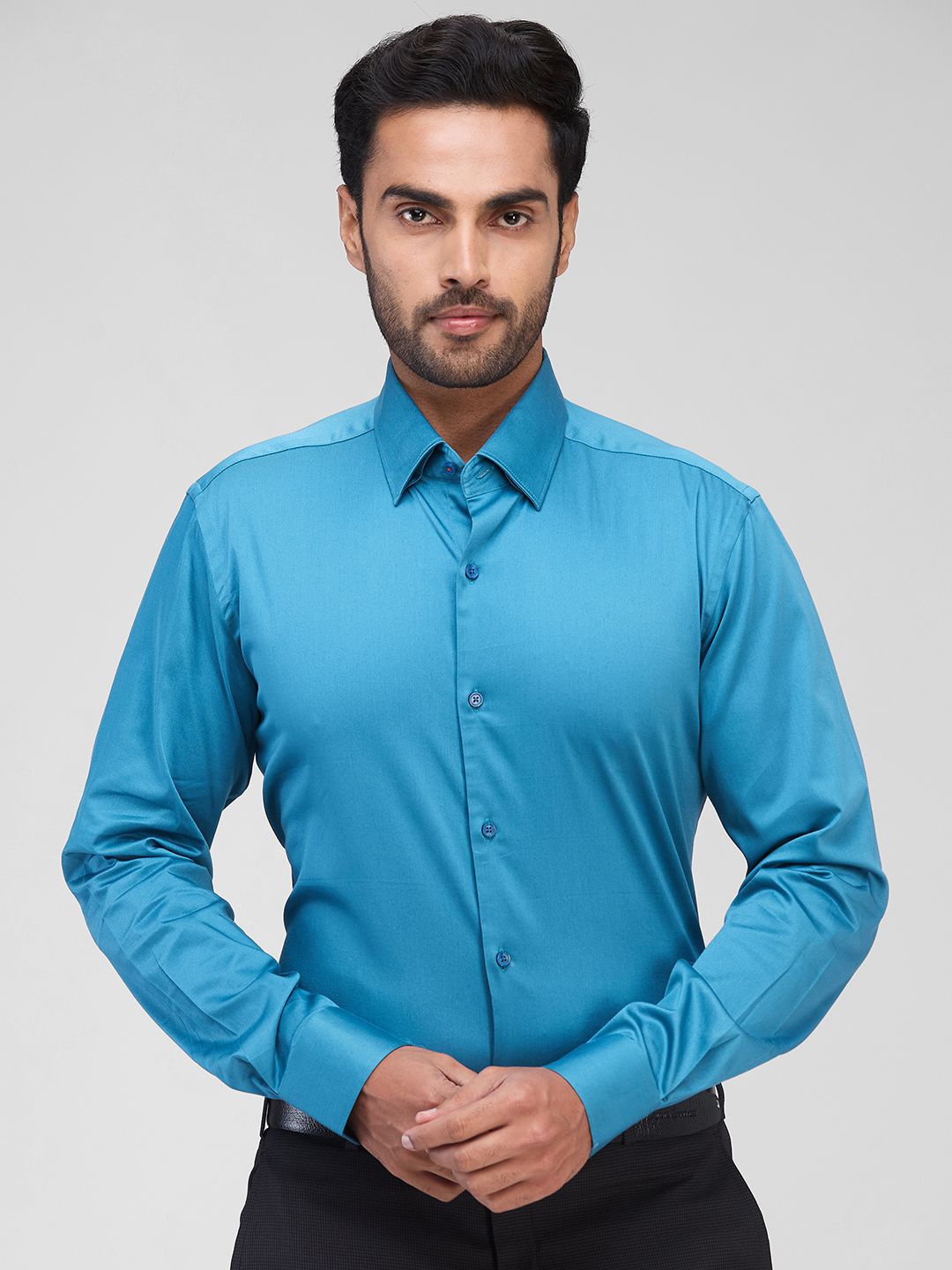 

Raymond Men Spread Collar Solid Cotton Formal Shirt, Blue