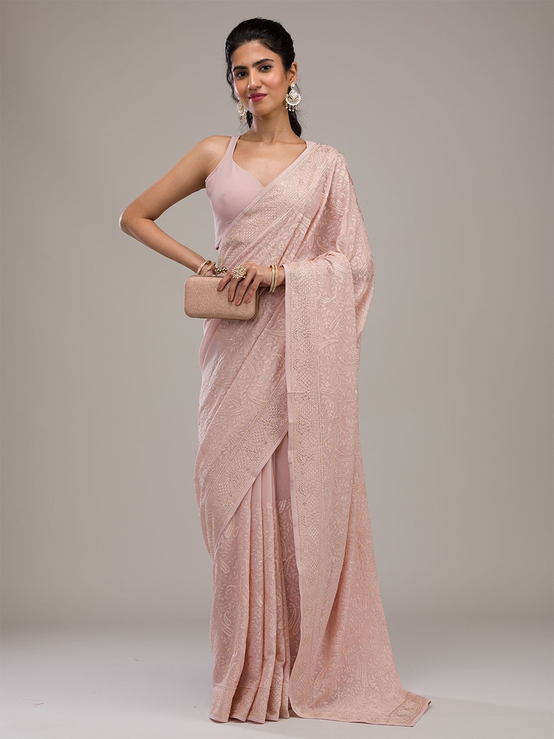 

Koskii Floral Embroidered Saree With Blouse Piece, Pink
