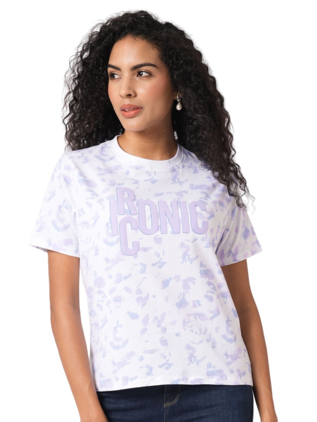 

Kraus Jeans Women Abstract Printed Round Neck Cotton Slim Fit T-shirt, White