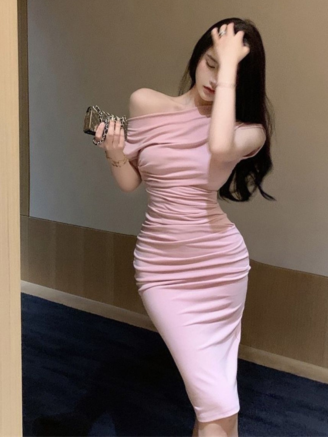 

KPOP Off Shoulder Solid Bodycon Dress, Pink