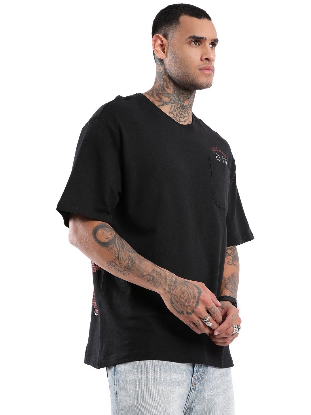 

WROGN Men Solid Round Neck Pure Cotton Oversized T-shirt, Black