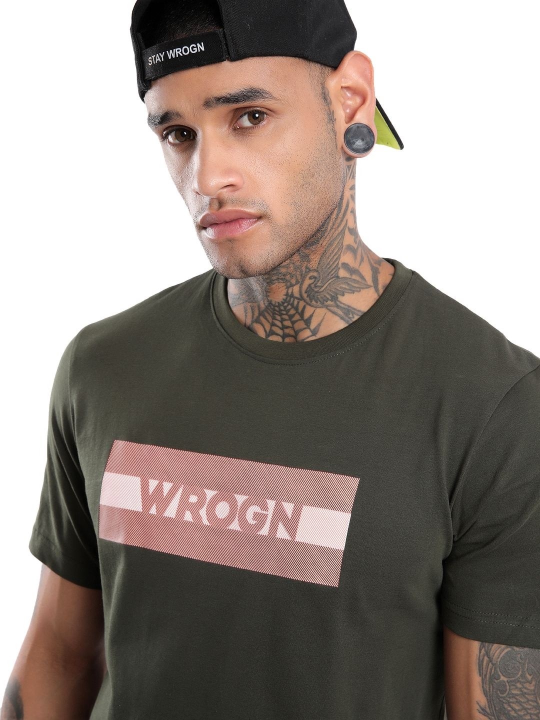 

WROGN Men Typography Printed Round Neck Pure Cotton Slim Fit T-shirt, Olive