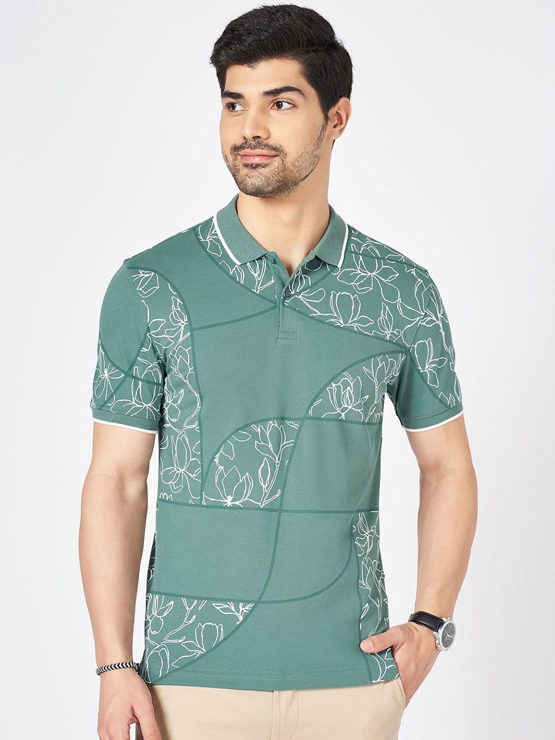 

BYFORD by Pantaloons Men Floral Printed Polo Collar Cotton Slim Fit T-shirt, Green