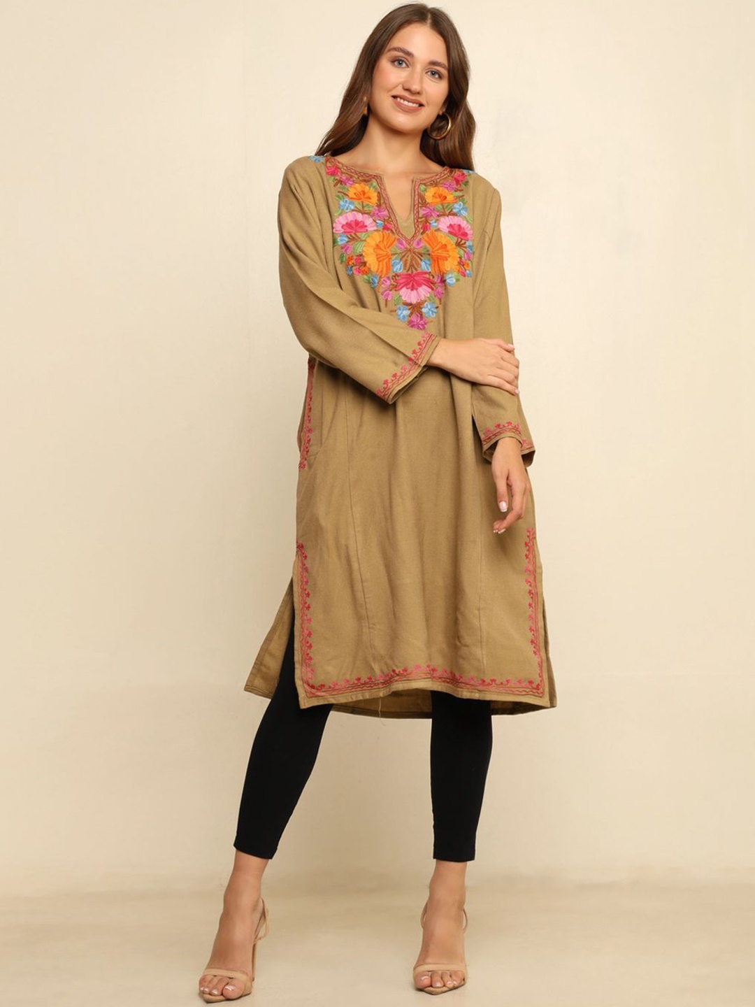 

CRAFTBAZAR Floral Kashmiri Embroidered Notch Neck Straight Kurta, Camel brown