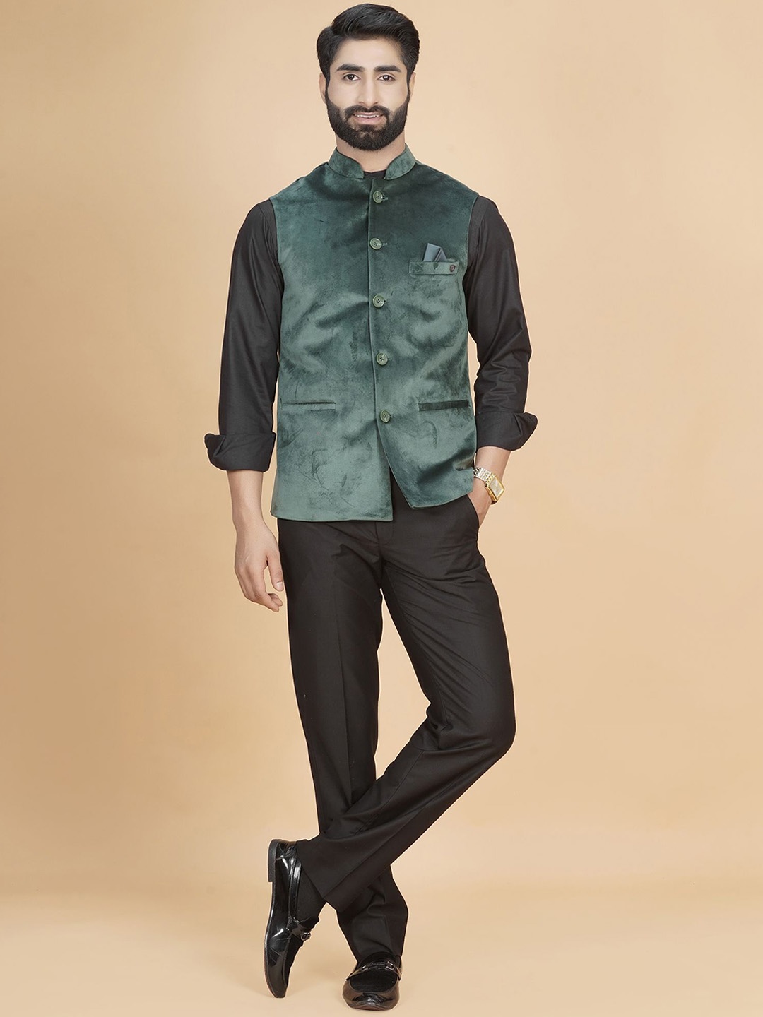 

LA'SCOOT Velvet Mandarin Collar Nehru Jacket, Green