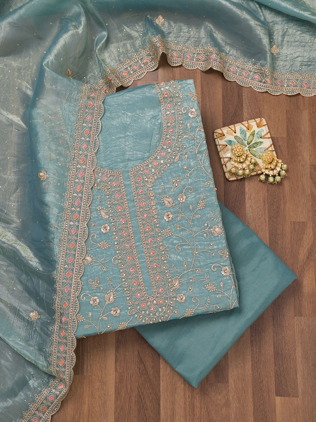 

Koskii Floral Embroidered Zari Unstitched Dress Material, Blue