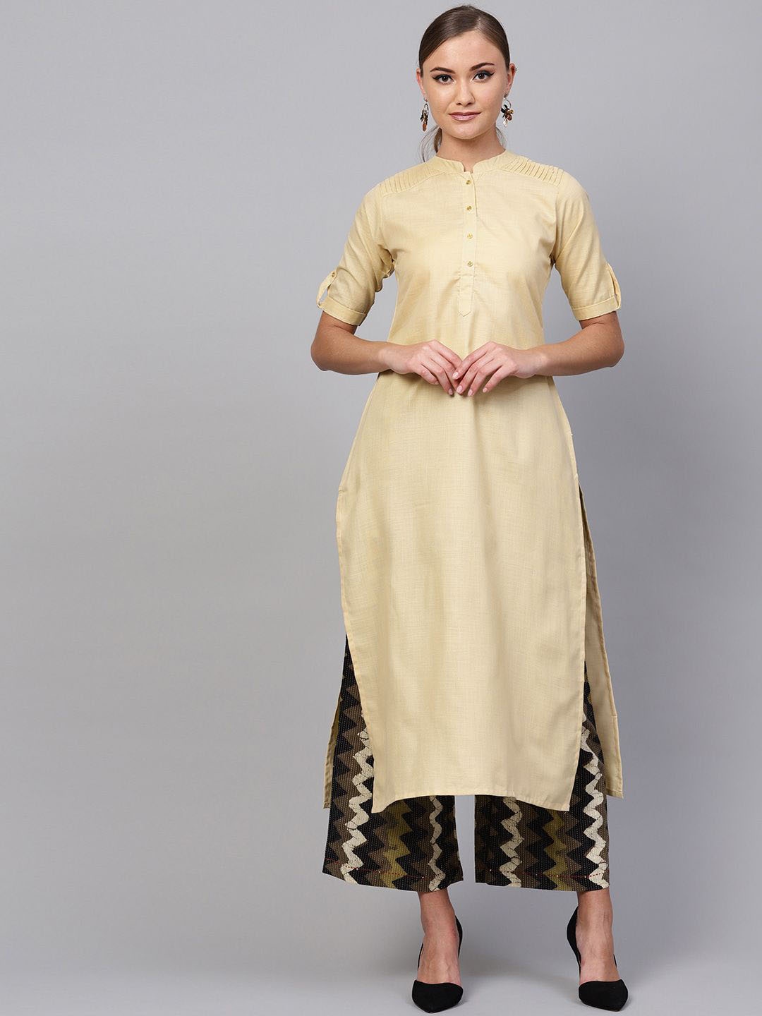 

Anouk Beige Mandarin Collar Short Sleeves Cotton Straight Kurta